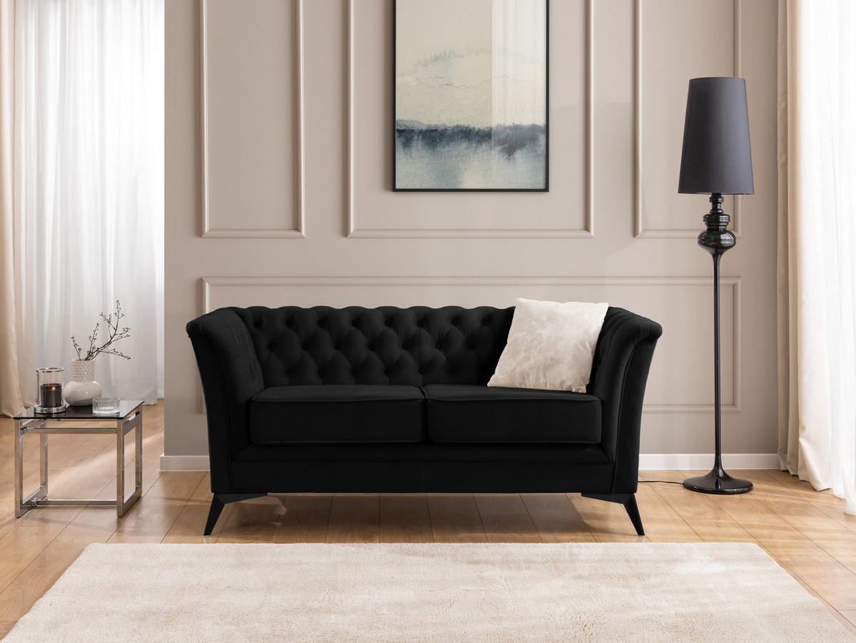 SITZGARNITUR 3+2+1 Chesterfield Whitby Schwarz Samt mit schwarzen Füßen - Schwarz, Holz/Textil (237/78/82cm) - S-Style Möbel
