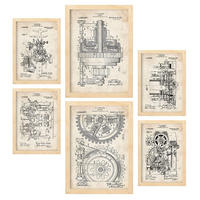 POSTER Set Mit 6 Plakaten Mit Maschinen Patenten Im Vintage Stil A3 & A4 Rahmen Aus Hellem Holz - Beige, Papier (29/3cm) - Nacnic