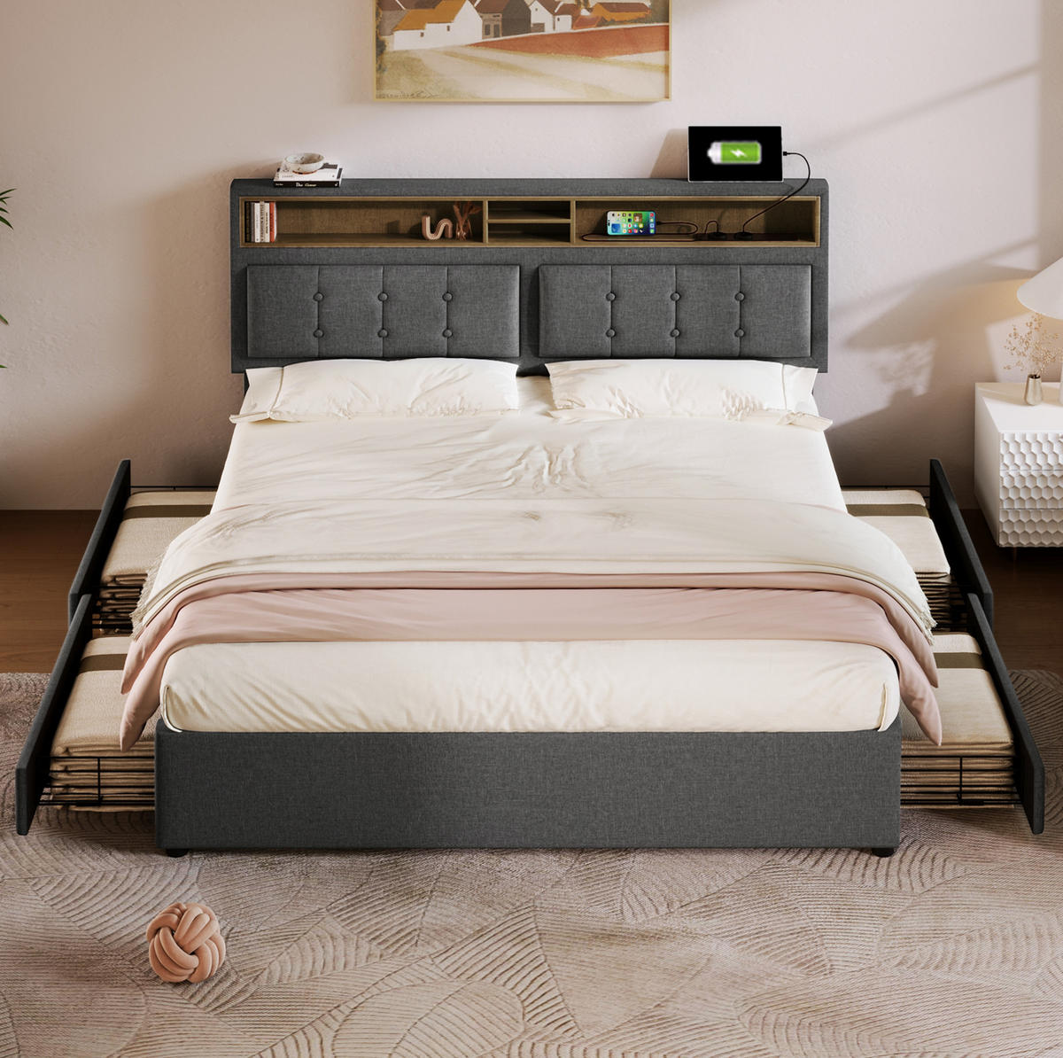 POLSTERBETT mit Matratze, 4 Schubladen und USB 140x200 cm Grau - Grau, Metall (140/200cm) - Meubliv