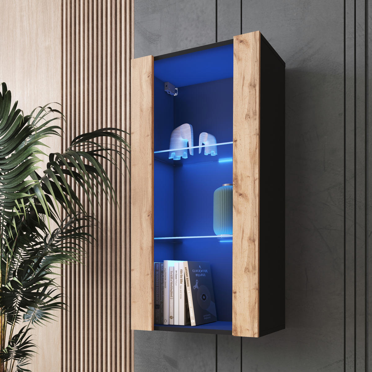HÄNGEVITRINE TIVOLI Vertical 100, Wotan, LED Blau - Eiche Wotan/Schwarz, Glas/Holzwerkstoff (50/100/29.5cm) - Komodee