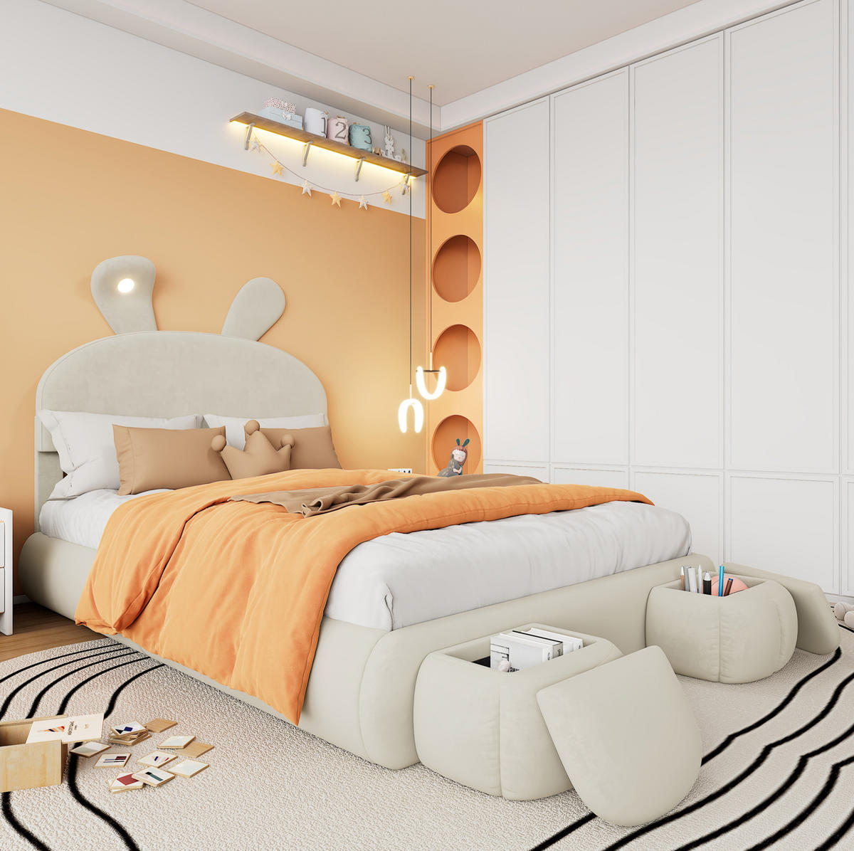 POLSTERBETT 140/200 cm aus Samt mit LED-Hasenohren und Stauraum Beige - Weiß, Textil (140/200cm) - Modenvie