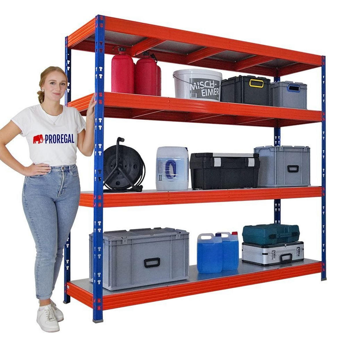 SCHWERLASTREGAL Rhino 180x200x60cm Fachlast 500kg 4X Stahlplatten-Ebenen Blau/Orange - Blau/Orange, Metall (200/180/60cm) - PROREGAL