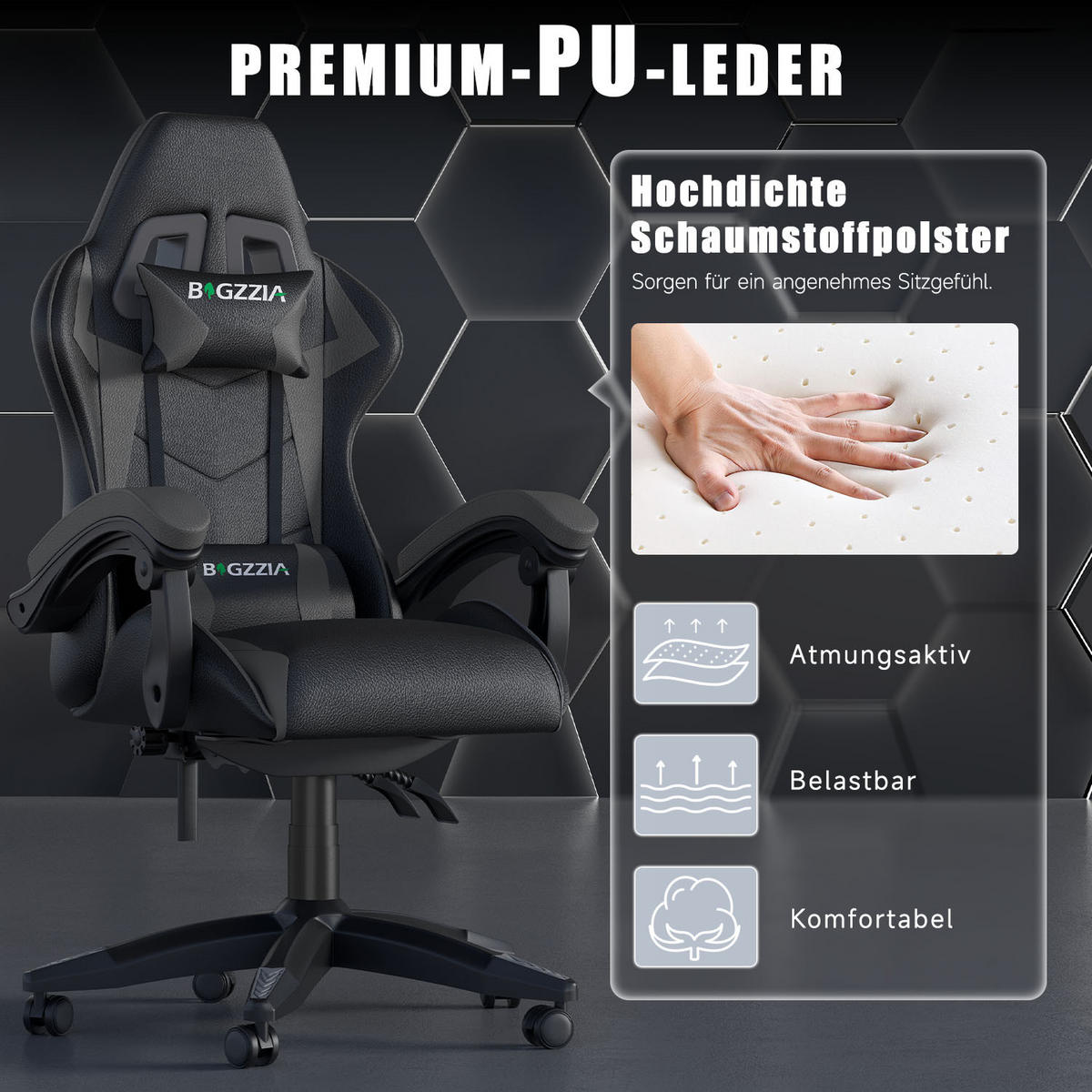 GAMINGSTUHL Schwarz-Grau ergonomisch - Grau, Leder (29/59/79cm) - Rattrix