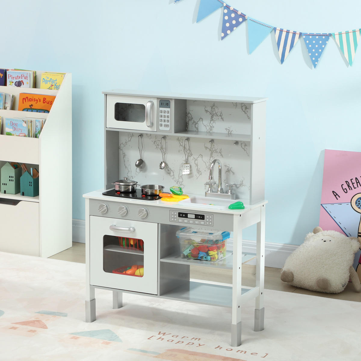 KINDERKÜCHE Spielküche mit Elektroherd, Mikrowelle, Spüle & Wasserhahn - Weiß, Holzwerkstoff (70.1/28/96.1cm) - AIYAPLAY