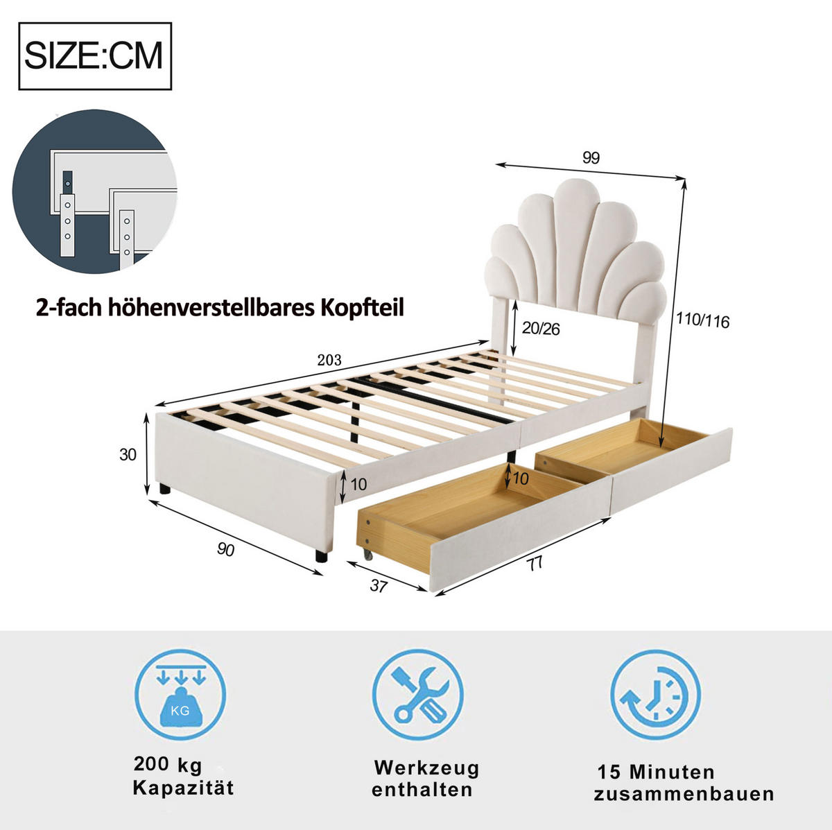 KINDERBETT 90/200 cm aus Samt mit 2 Schubladen und blütenförmigem Kopfteil Beige - Beige, Textil (90/200cm) - Modenvie