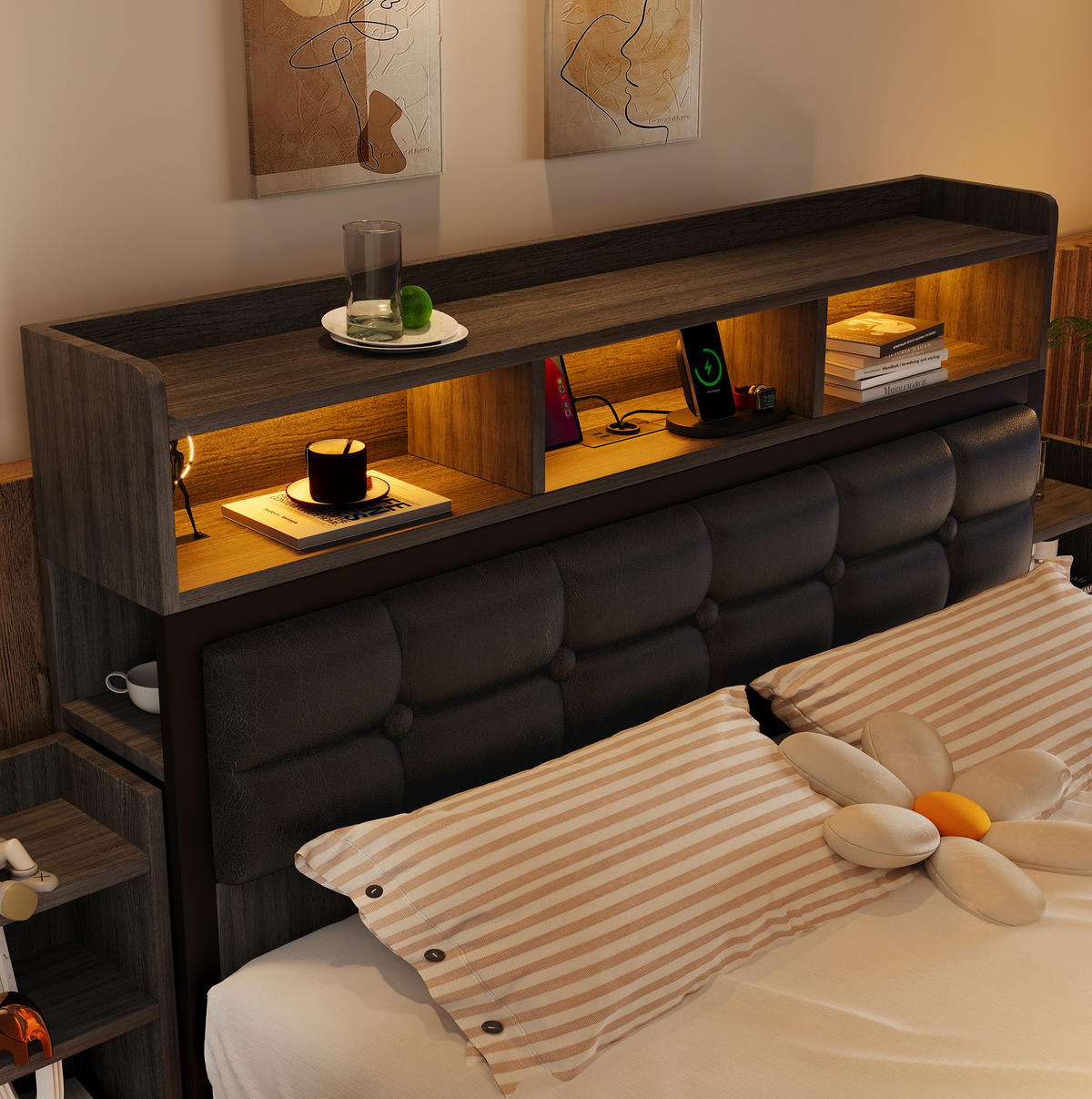 BETT 140/190 cm Grau mit LED-Beleuchtung und USB- und Type-C-Anschlüssen - Grau, Metall (140/190cm) - Flora Grace