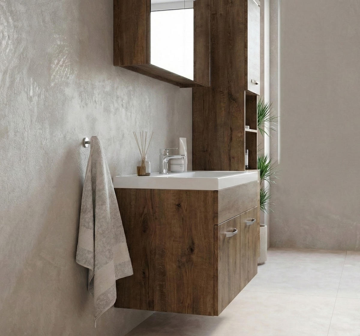 BADMÖBEL-SET Paso LED 4 Teile Braun Eiche - 80 x 35 x 55 cm - Eichefarben/Braun, Holz (80/55/40cm) - Badplaats