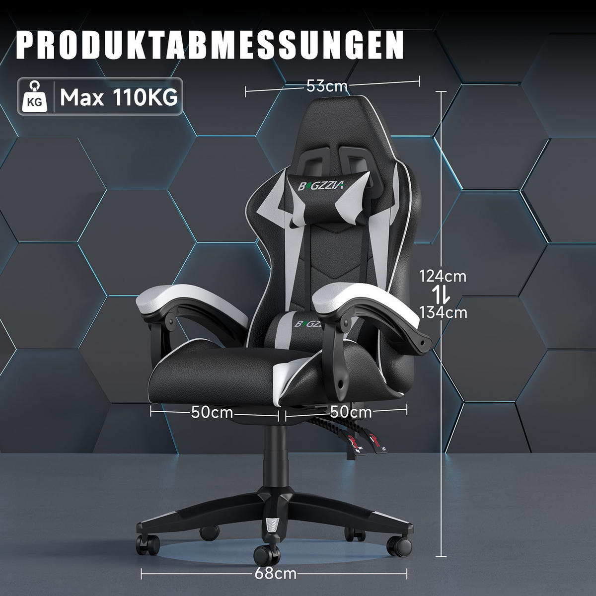 GAMINGSTUHL Schwarz-Weiß ergonomisch - Weiß, Leder (29/59/79cm) - Rattrix