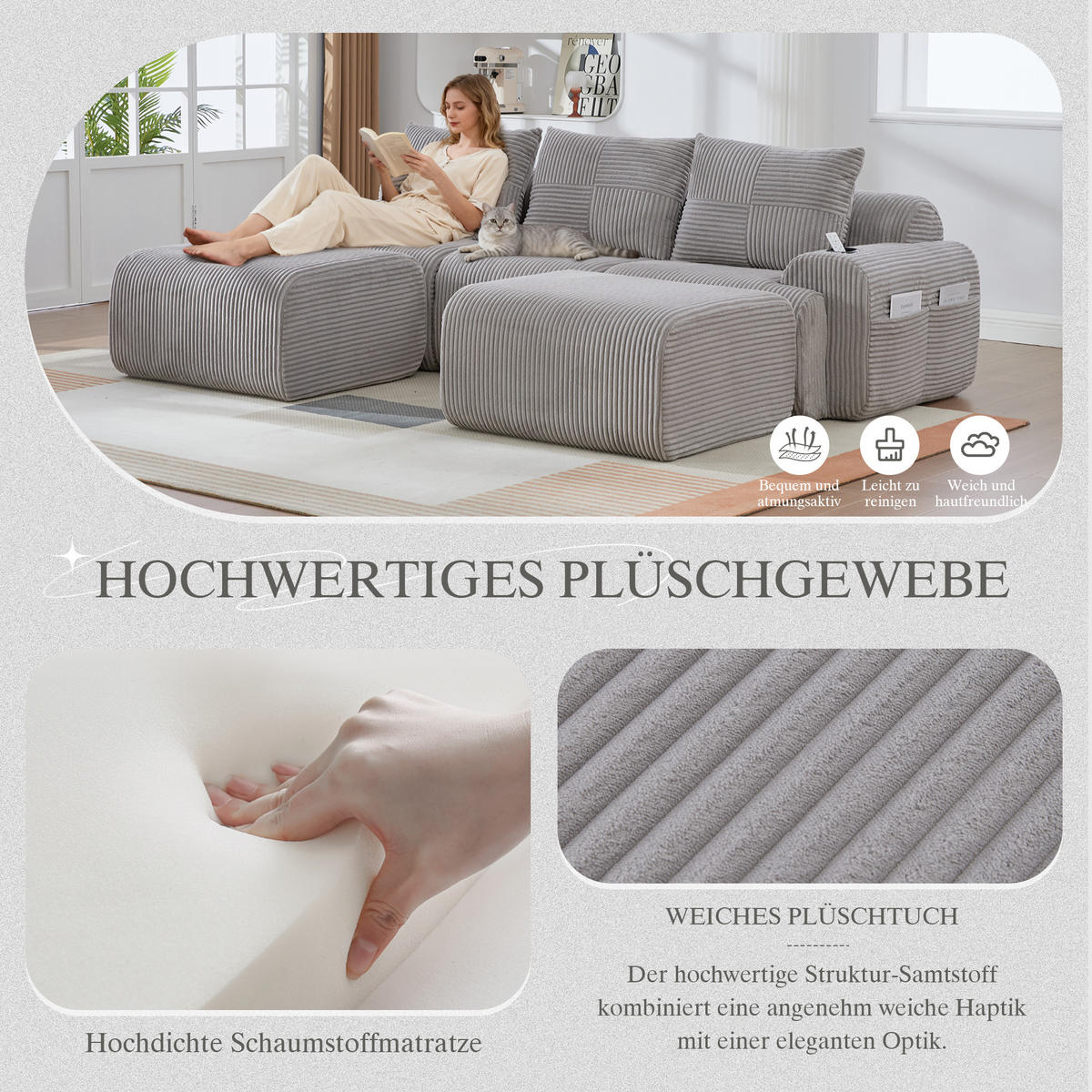 3-SITZER Wohnlandschaft Cord mit 2 Hockern und Getränkehalter 268/174/80 cm Hellgrau - Hellgrau, Textil (174/80/268cm) - Redom