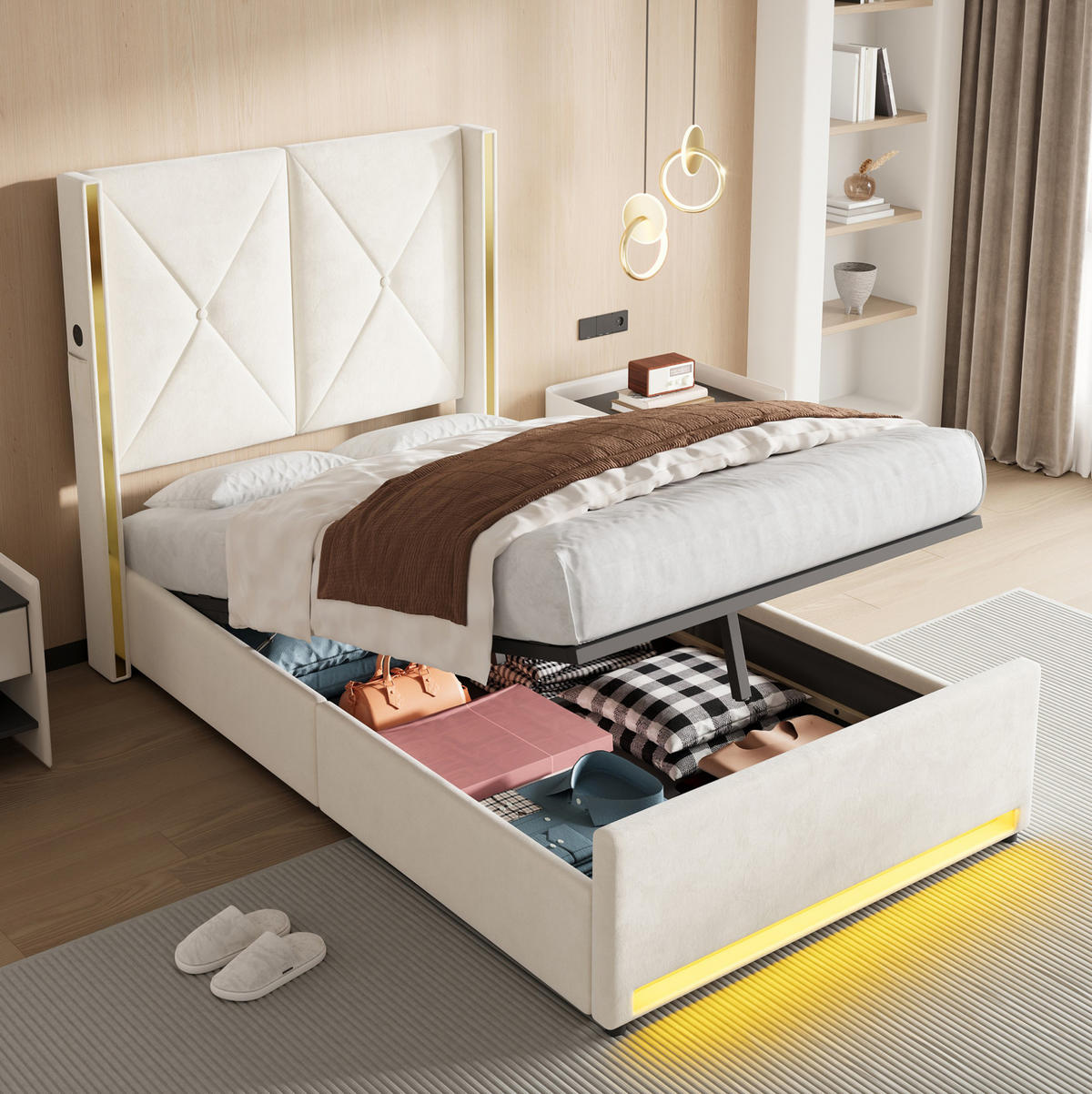 POLSTERBETT 90/200 cm mit USB, Type-C, LED und hydraulischem Bettkasten, Samt mit Seitentaschen, Beige - Beige, Textil (90/200cm) - Redom