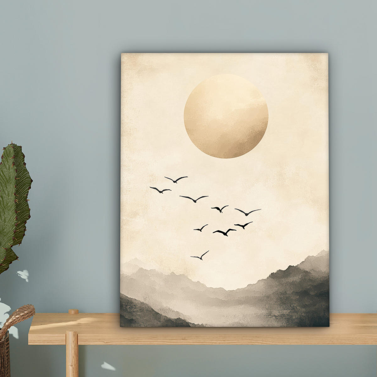 LEINWANDBILD Landschaft - Japandi - Vogel 30x40 cm - Beige, Textil (30/40cm) - MuchoWow