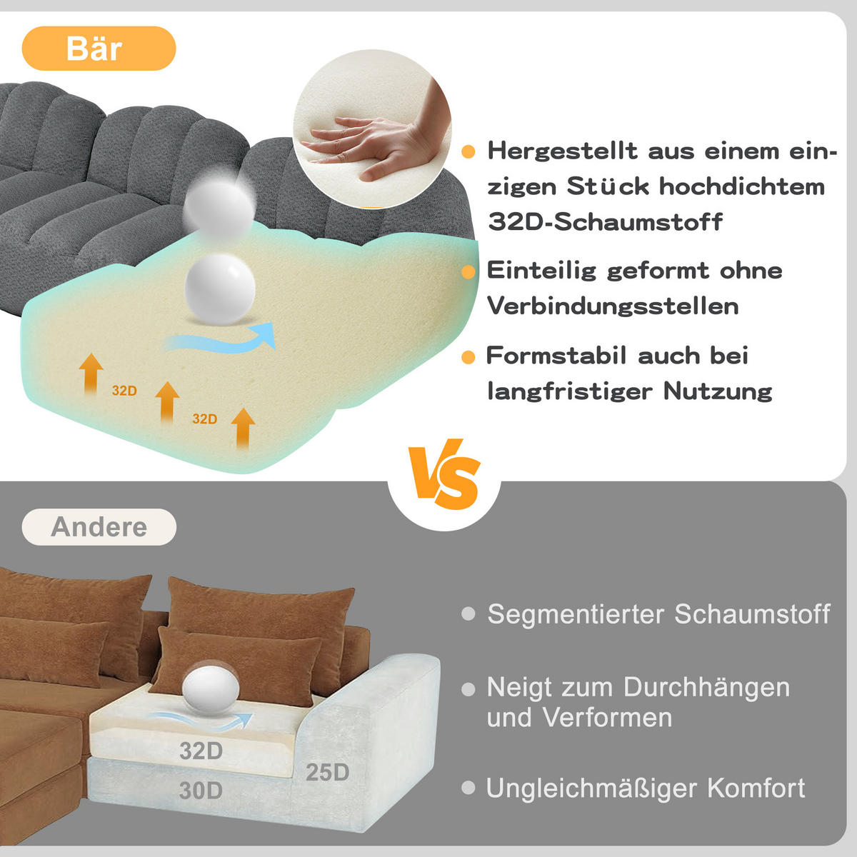 4-SITZER Sofa 366x165x79 cm aus granuliertem Fleece rahmenlos modular mit Ottoman, grau - Grau, Textil (165/79/366cm)