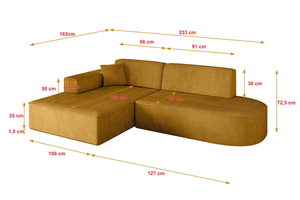ECKSOFA Ottomane Links IREA-L1-v4 - 233x165x72,5 cm Senfgelb - Currygelb/Gelb, Holzwerkstoff/Textil (233/165cm) - ALTDECOR