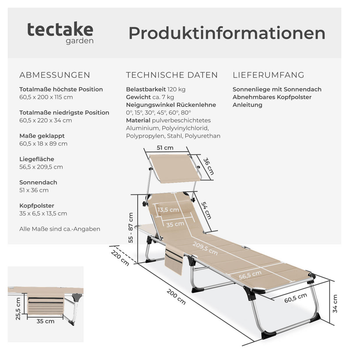 SONNENLIEGE Lorella,220 x 60,5 x 34 cm, mit Seitentasche ,beige - Beige, Kunststoff (60.5/115/200cm) - tectake