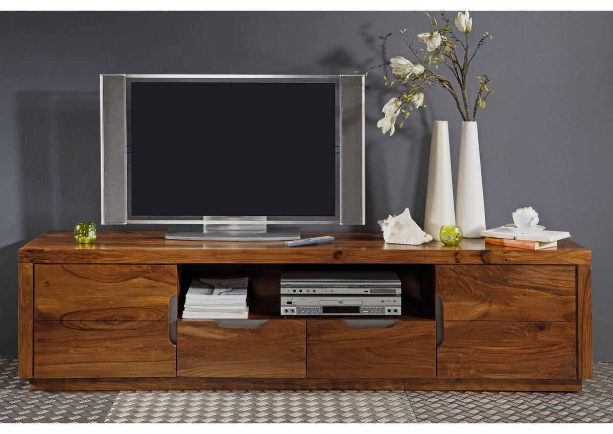 TV-BOARD Sheesham 200x45x50 walnuss lackiert DUKE #123 - Dunkelbraun, Holz (200/50/45cm) - Massivmoebel24