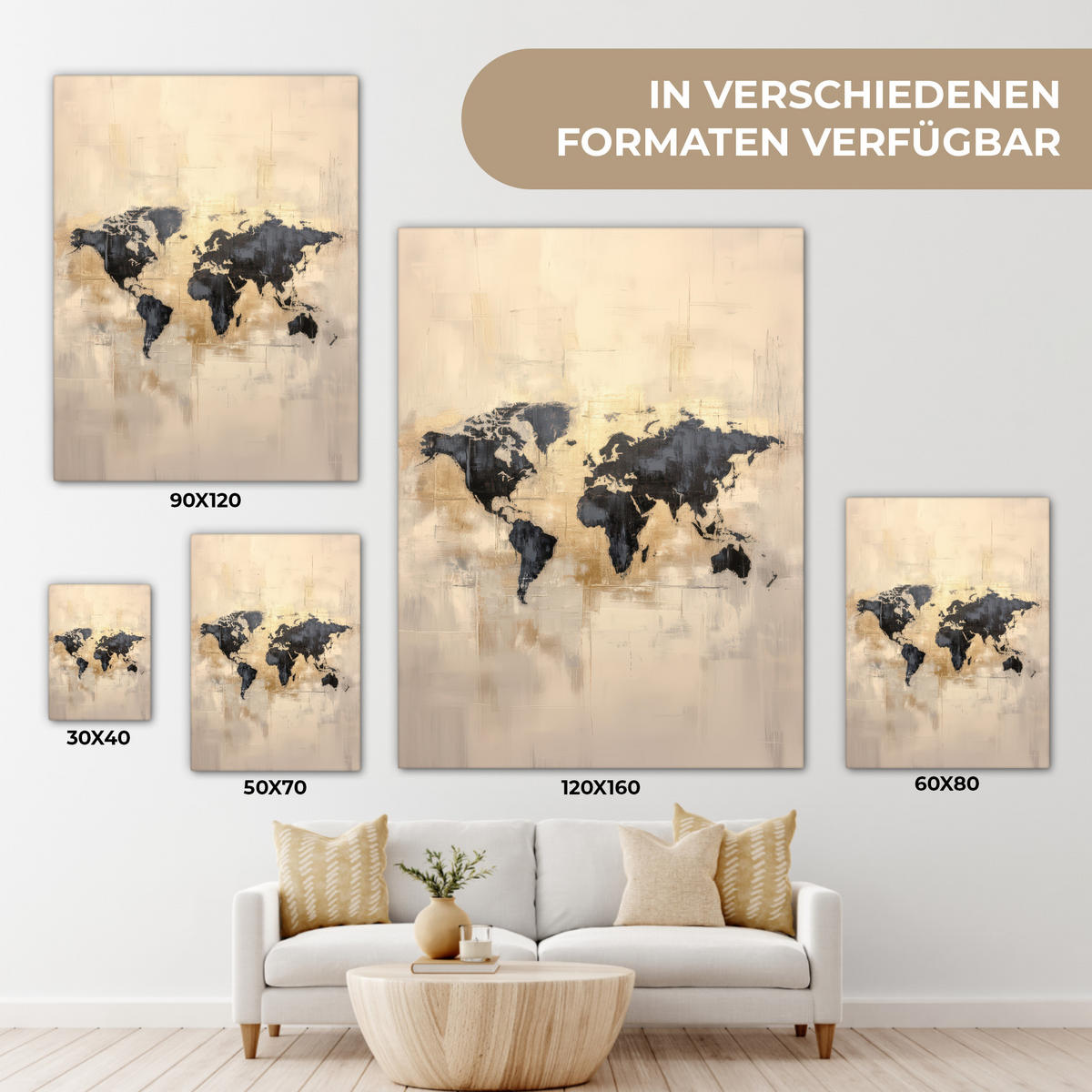LEINWANDBILD Weltkarte - Gold - Schwarz - Abstrakt 60x80 cm - Kupferfarben, Textil (60/80cm) - MuchoWow