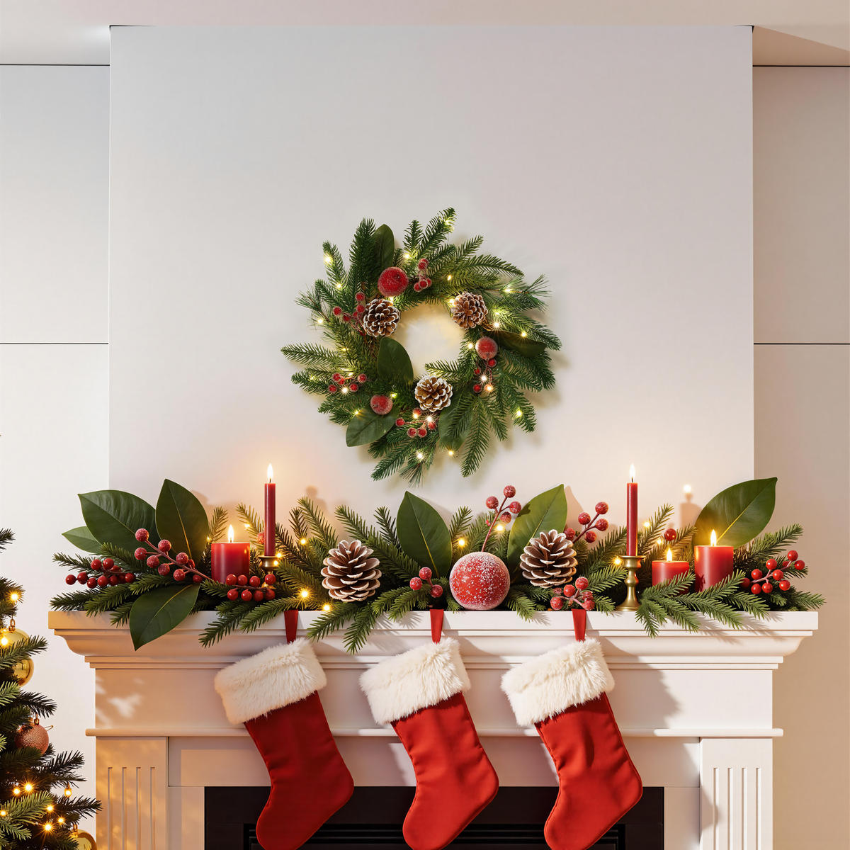 RUSTIKALER Weihnachtskranz Ø40cm mit Äpfeln, LEDs,Timerfunktion - Dunkelgrün, Naturmaterialien (40cm) - Hometopia