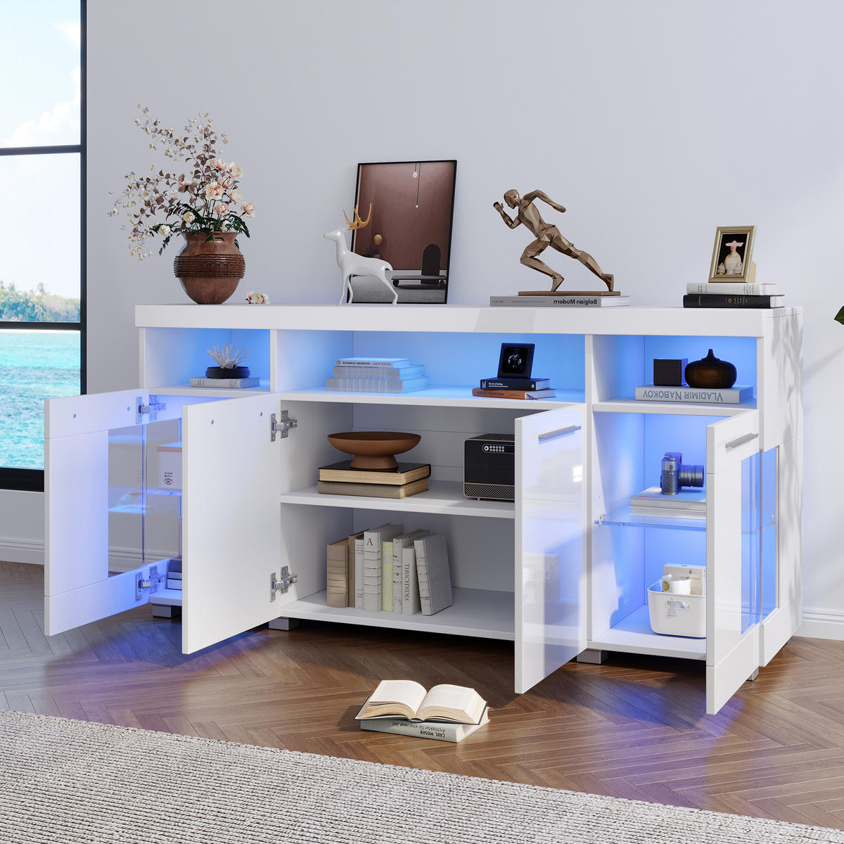 SIDEBOARD 140/40/70 cm in Weiß mit LED-Beleuchtung und Glasfächern - Transparent/Weiß, Glas/Holzwerkstoff (140/70/40cm) - CHICFURN