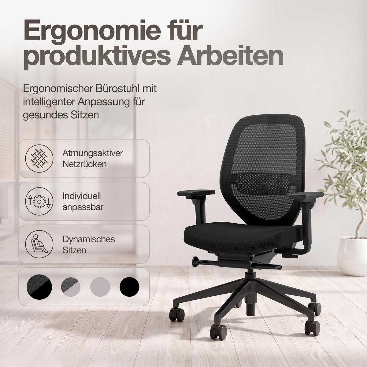 DREHSTUHL Ergonomischer Bürostuhl Atessa mit Netzrücken / Keine Schwarz Netzrücken für Luftzirkulation - Schwarz, Textil (62.5/99.8/45cm) - ASSMANN