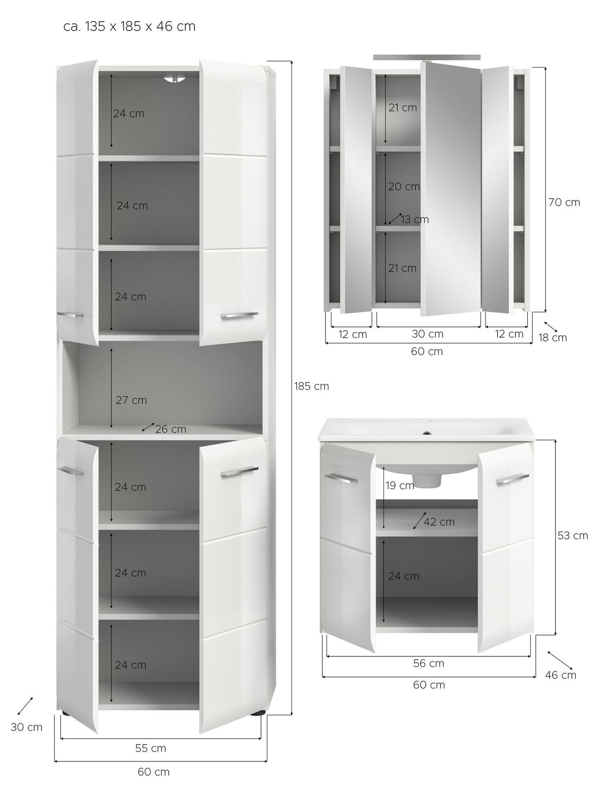 BADKOMBINATION Ice inkl. Beleuchtung 135x185x46 cm weiß Hochglanz MDF 3tlg. - Weiß, Holz (135/185/46cm)