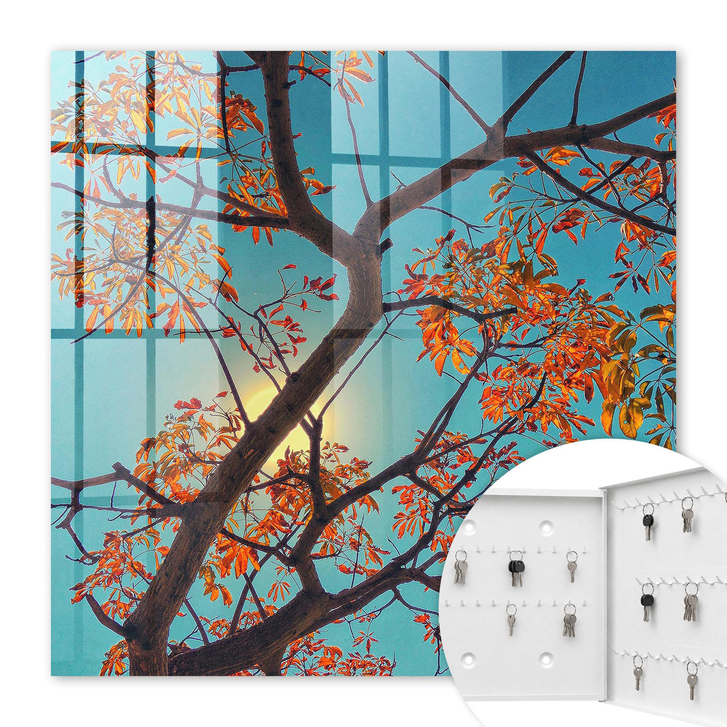 SCHLÜSSELBOX Weiß 30x30 cm – Türöffnung nach rechts - Herbstbaum - Blau, Metall (30/30/5cm) - TULUP