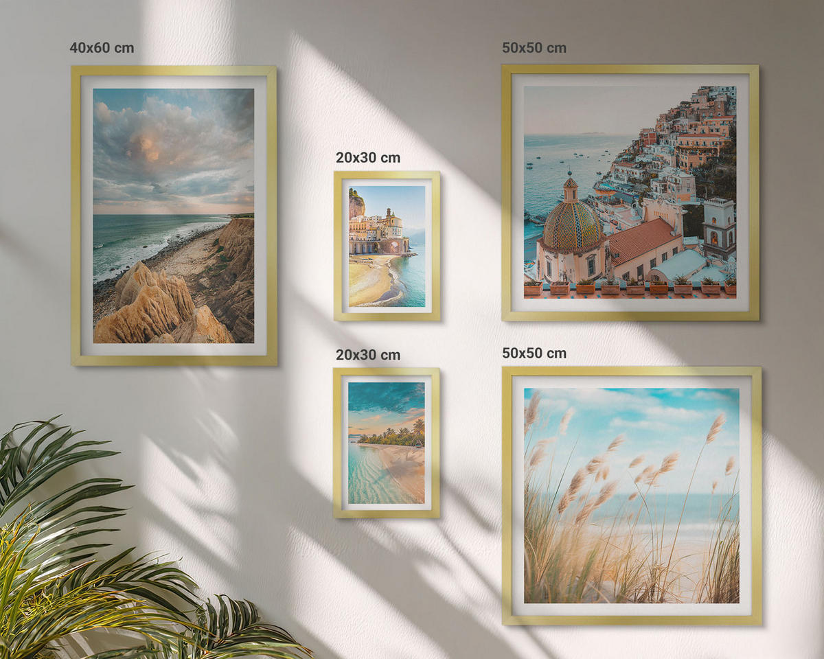 BILDER SET 5er Set - 50x50 cm & 20x30 cm & 40x60 cm Goldrahmen - Landschaften Strand Stadt Klippen - Goldfarben, Kunststoff (40/60cm) - TULUP