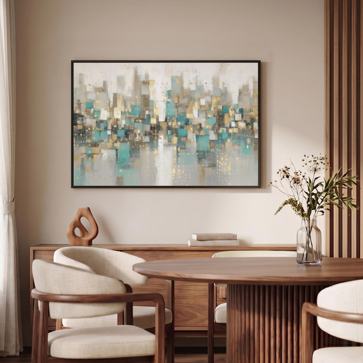 LEINWAND Bilder mit Rahmen - Abstrakt - Blöcke - Gold - Skyline - 90x60 - Beige, Textil (90/60cm) - MuchoWow