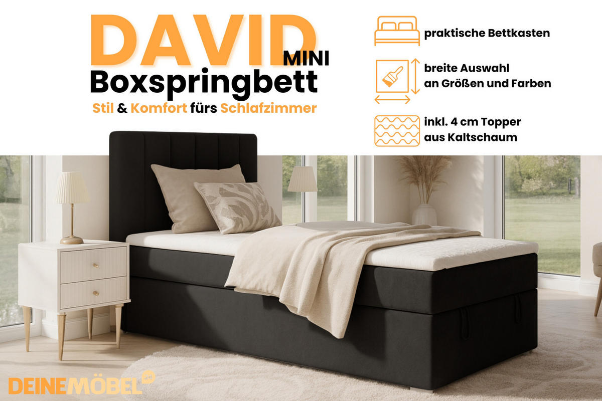 BOXBETT DAVID MINI 100/200 in Velours Schwarz H4 - Schwarz, Holz/Holzwerkstoff (100/200cm) - Deine Möbel 24