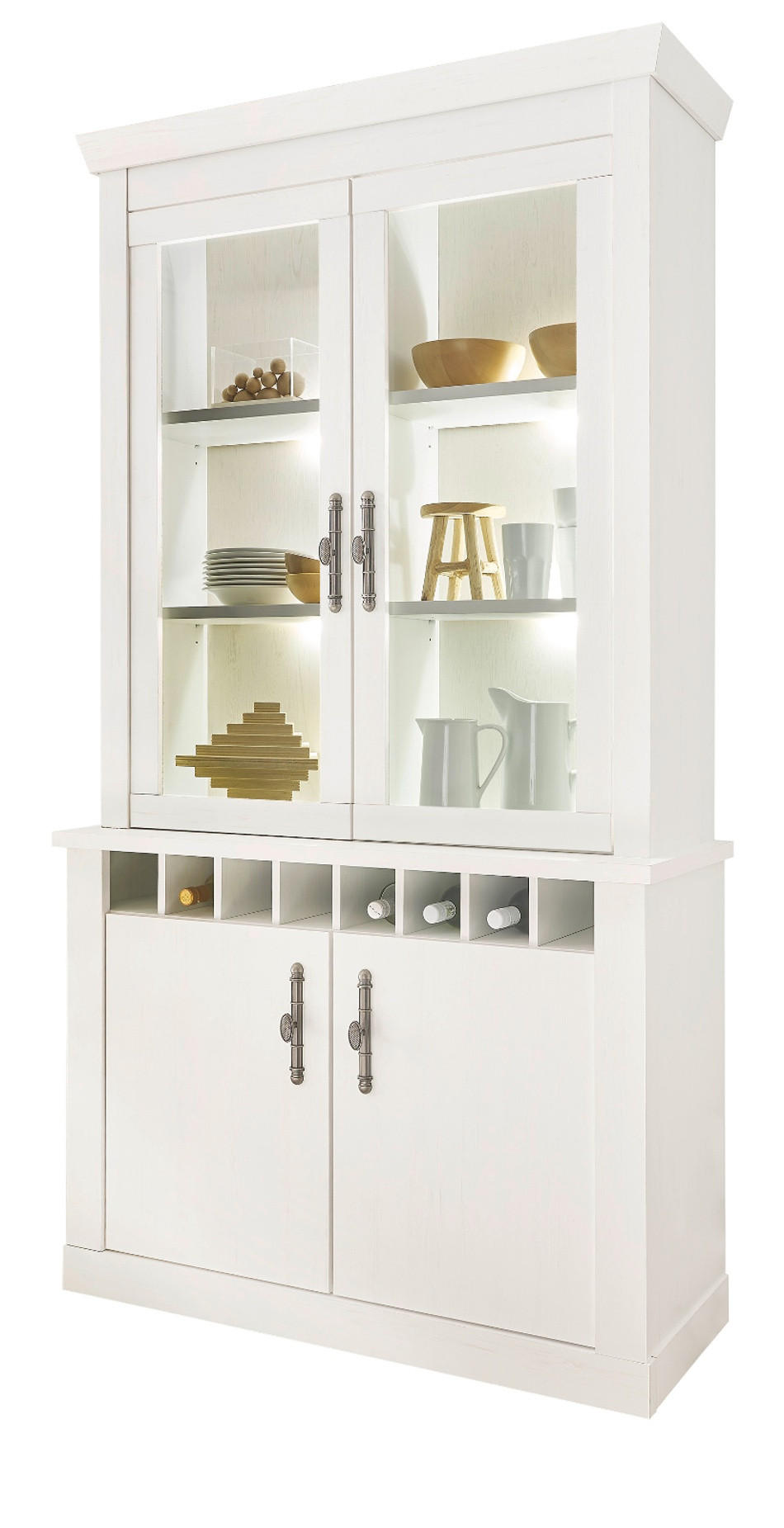 VITRINE weiß Pinie Landhaus, Buffet 110 x 207 cm, Soft-Close-Funktion - Weiß, Holzwerkstoff/Kunststoff (110/205/44cm) - Furn.Design