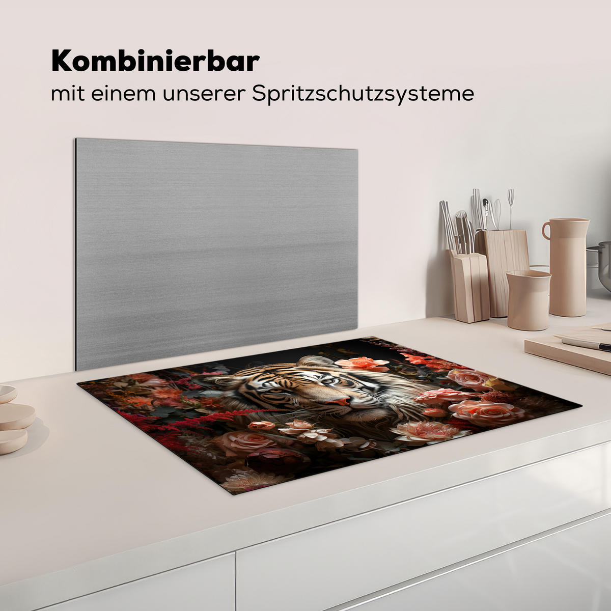 KRYT NA INDUKČNÍ DESKU Tygr - Zvíře - Příroda - Květiny - Botanické motivy 75x52 cm - pomerančová, plast (75/52/0.2cm) - MuchoWow