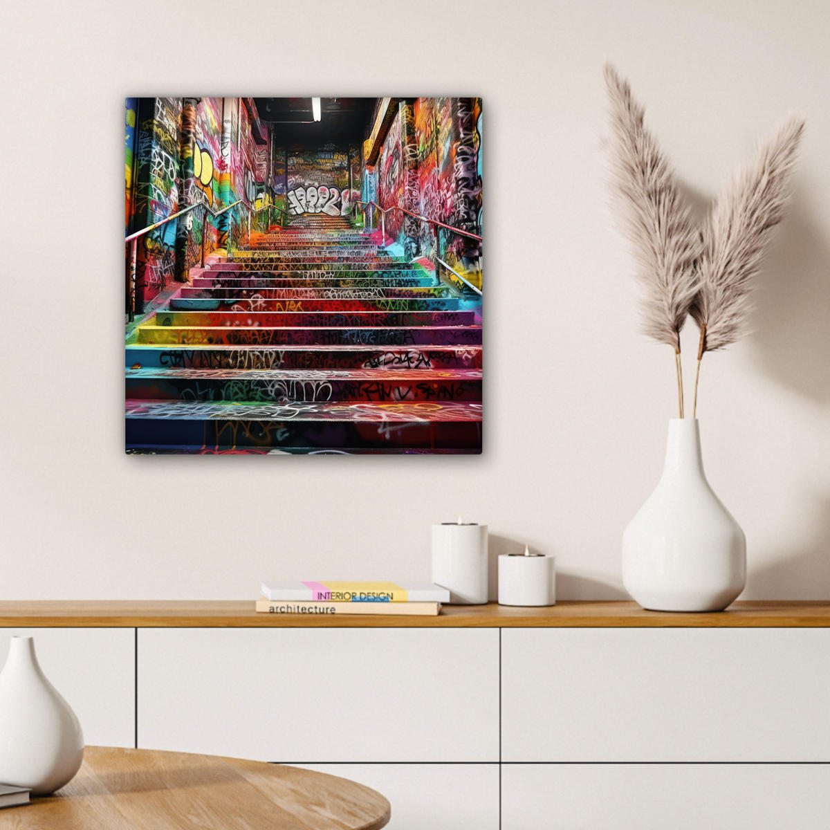 LEINWANDBILD Treppe - Graffiti - Farben - Kunst 50x50 cm - Multicolor, Textil (50/50cm) - MuchoWow
