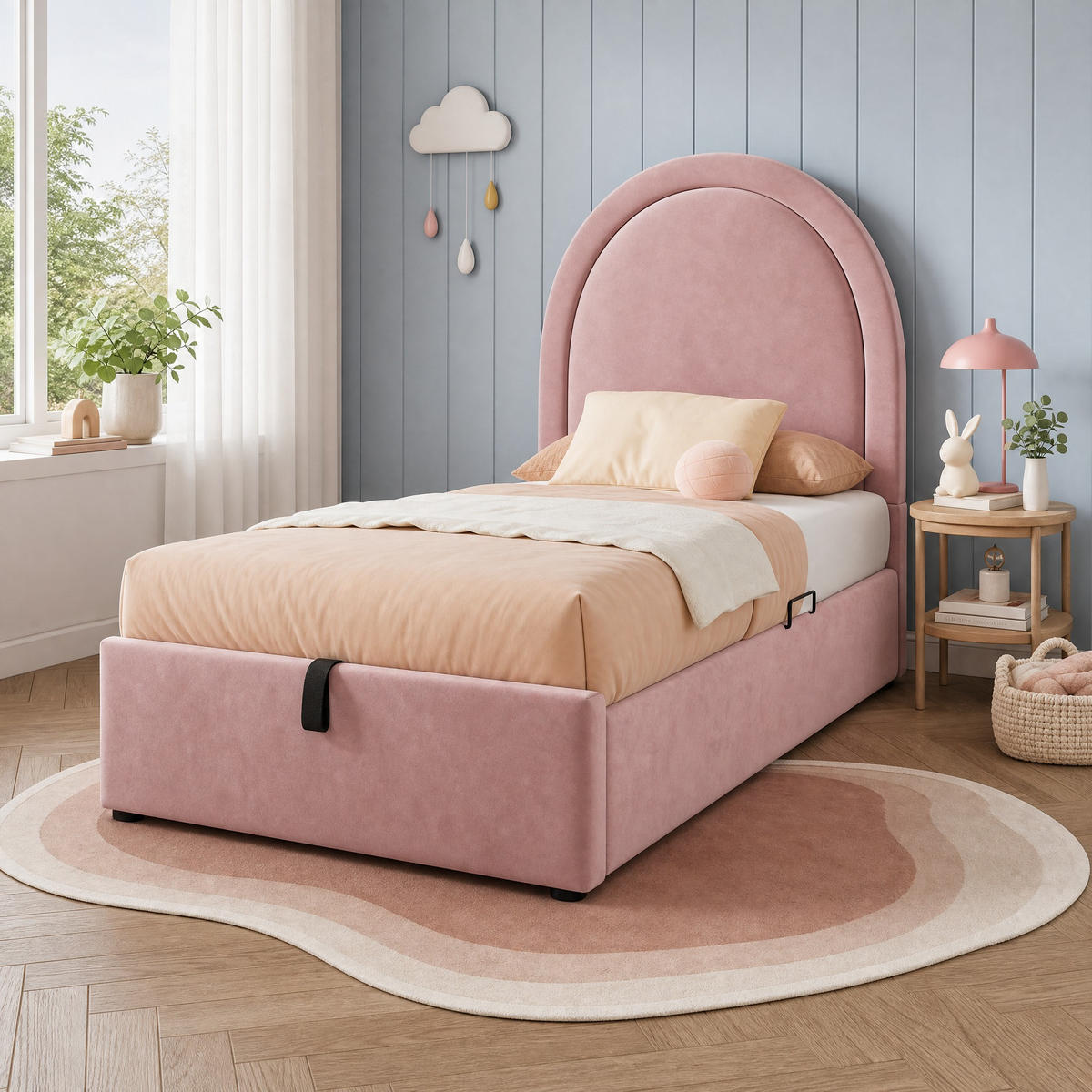 KINDERBETT 90/200 cm in Rosa mit Bettkasten Samt Halbkreis-Design - Rosa, Holzwerkstoff/Textil (90/200cm) - STILVORA