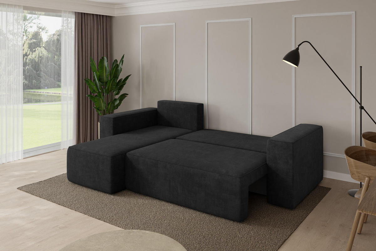 ROHOVÁ SEDAČKA s funkcí spaní, otoman vlevo SENO-L 249x139x85 černá velur - černá, kompozitní dřevo/textil (249/139cm) - ALTDECOR