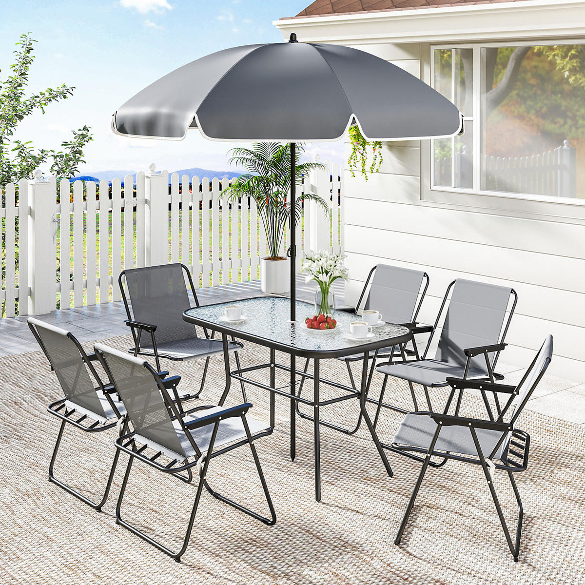 OUTDOOR-ESSGRUPPE 8er Set Stahl Netzstoff Grau - Schwarz/Grau, Metall - Outsunny