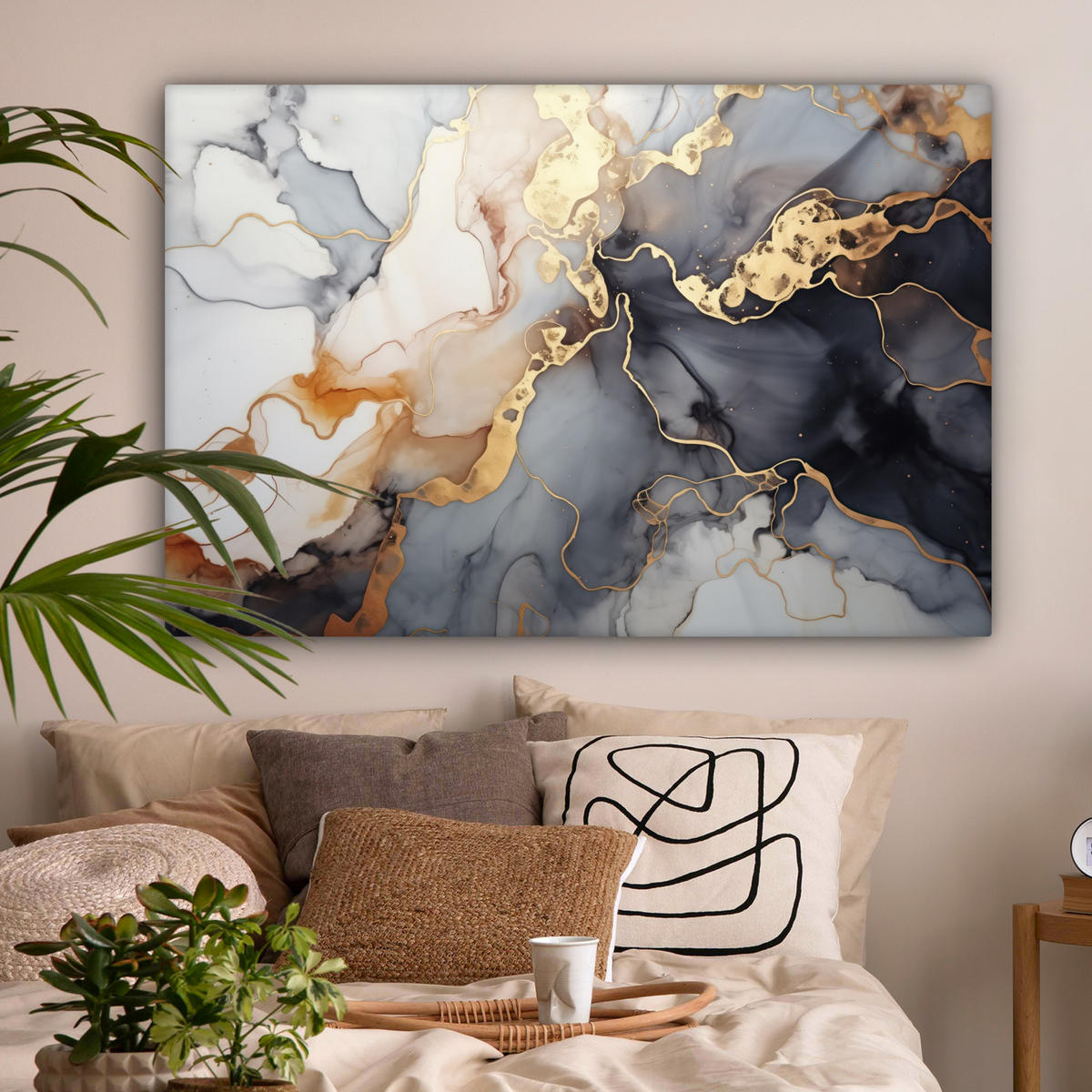 LEINWANDBILD Marmor - Schwarz - Gold - Weiß Wohnzimmer 120x80 cm - Dunkelgrau, Textil (120/80cm) - MuchoWow