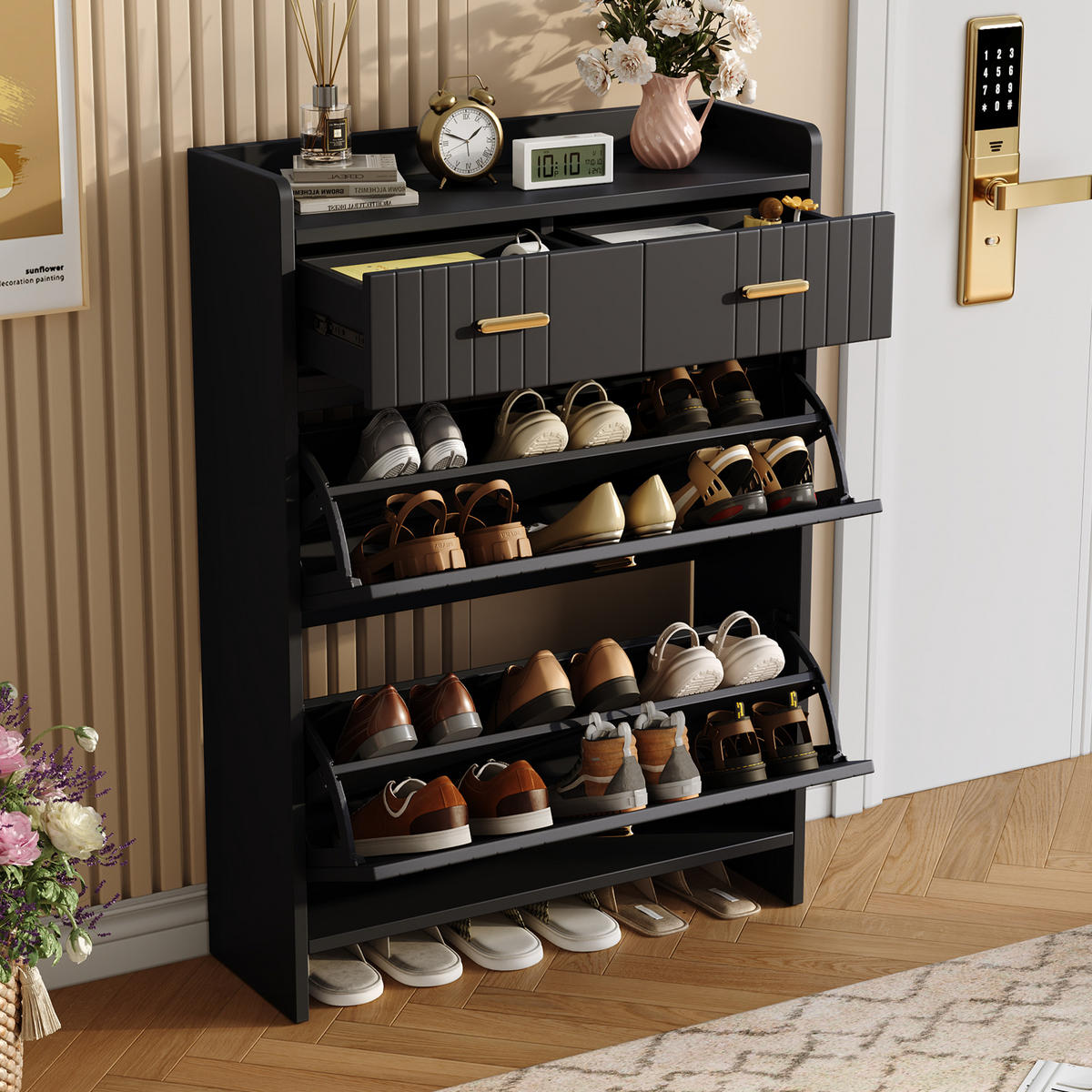 SCHUHKIPPER DE-37961 mit 2 Klappen und 1 Schublade Schwarz - Schwarz, Holzwerkstoff (75/108.5/24cm) - ComfortXL