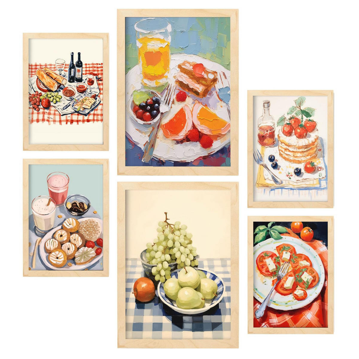 POSTER Set Mit 6 Picknick In Foodies A3 & A4 Rahmen Aus Hellem Holz - Beige, Papier (29/3cm) - Nacnic