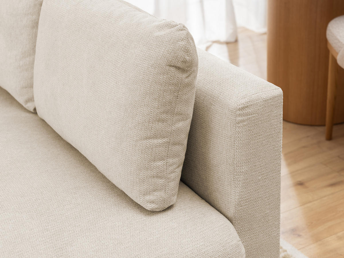 ECKSOFA inkl. Hocker Cardea mit Schlaffunktion in Bubble-Optik aus weichem Hellbeige Strukturstoff und hohem Sitzkomfort - Ottomane rechts - Beige/Schwarz, Holz/Textil (230/170cm) - S-Style Möbel