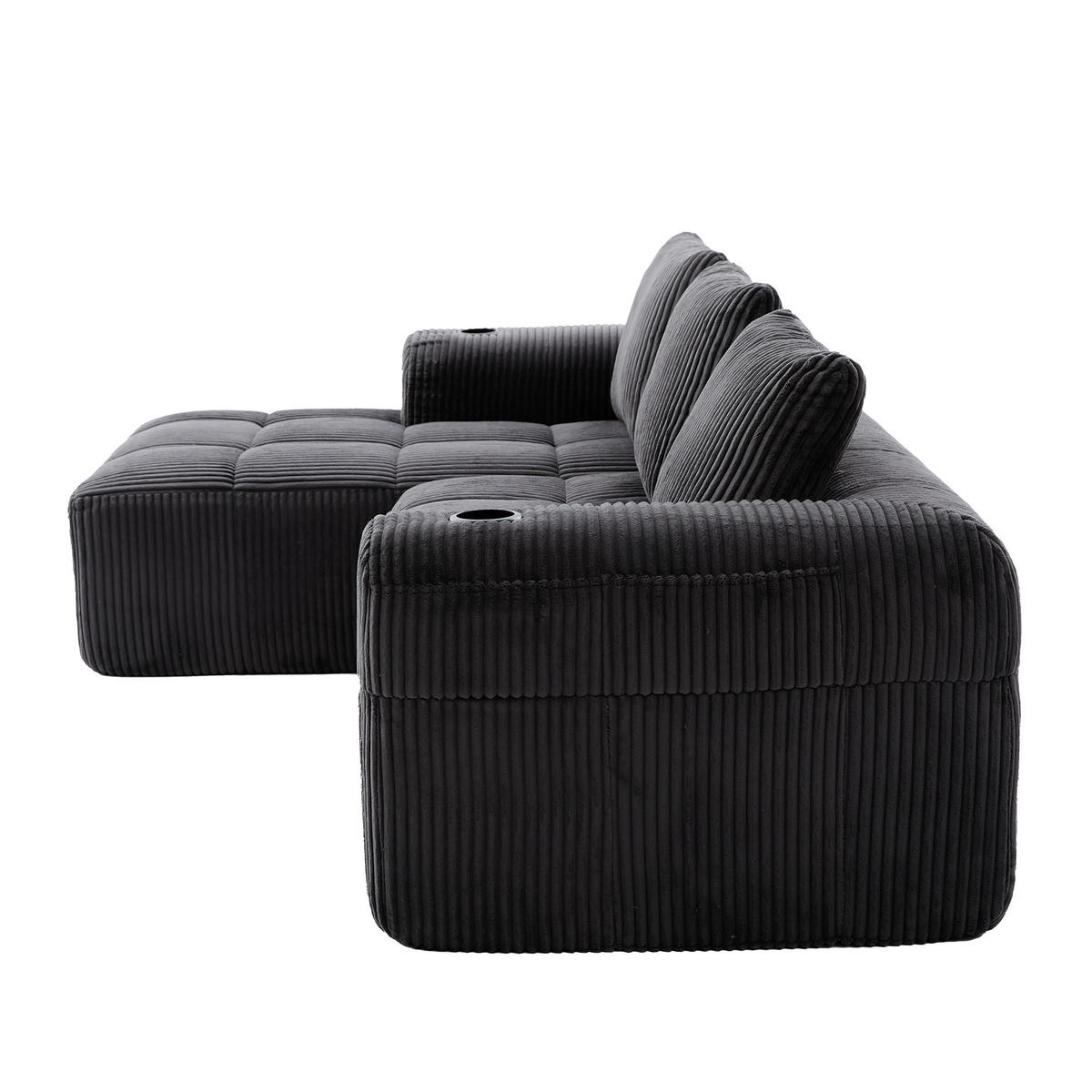 ECKSOFA DE-33721 mit Seitentasche und Becherhalter Dunkelgrau - Dunkelgrau, Textil (253/158cm) - ComfortXL