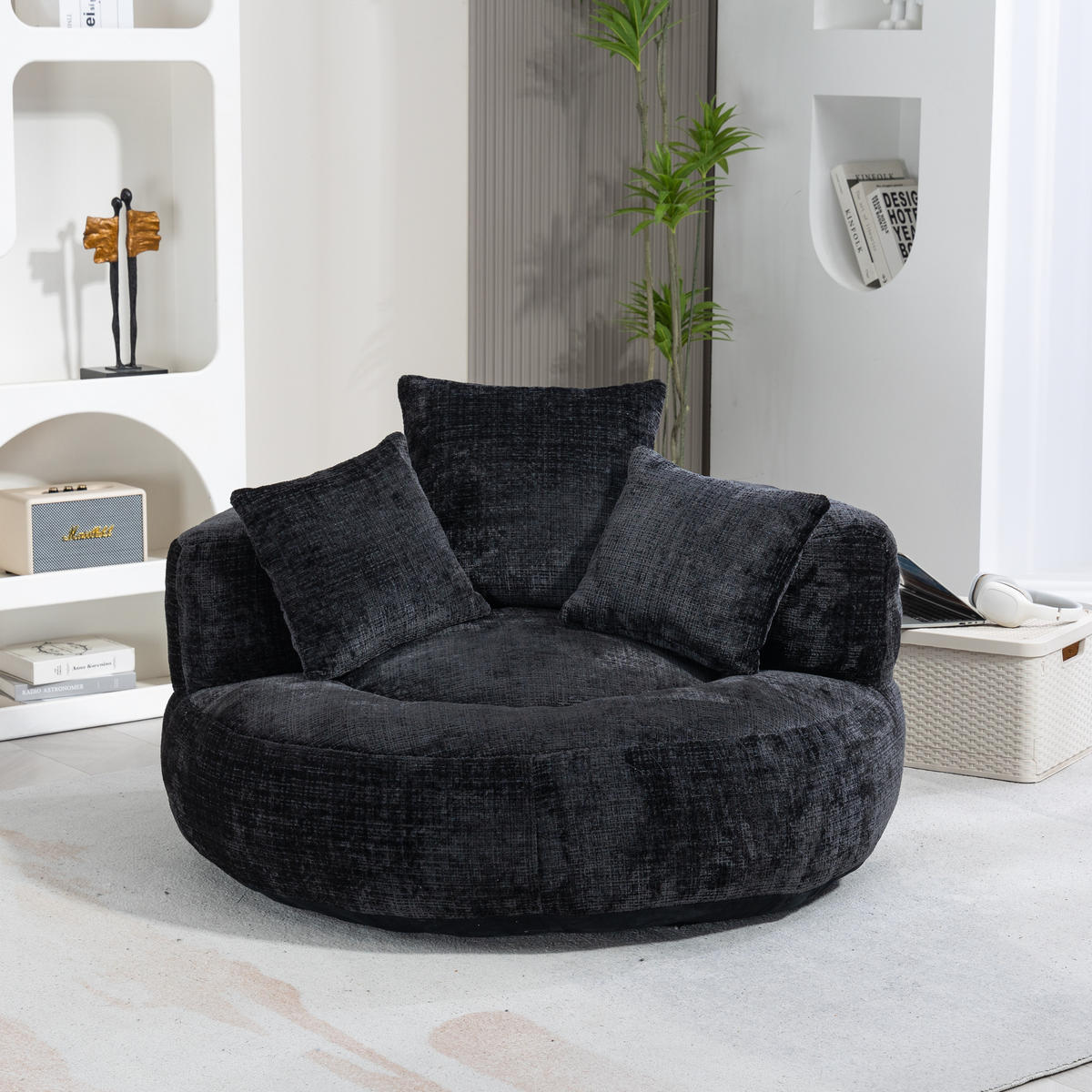 SITZSACK Chenille Schwarz mit Armlehnen - Schwarz, Textil (108/52/108cm) - WISHDOR