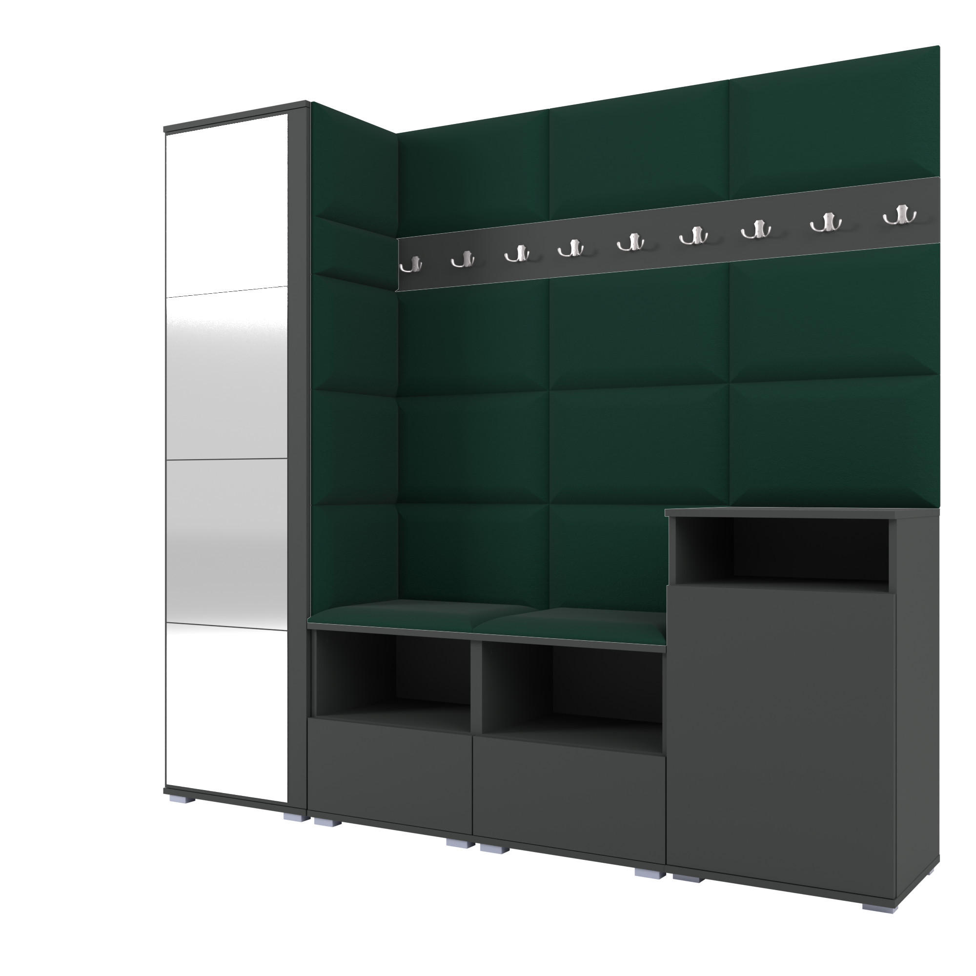 GARDEROBE NELA X 200 cm (Modulare Flurmöbel Graphit mit Spiegel & Sitzpolster Flaschengrün 28 Schrank + Sideboard) - Dunkelgrün/Silberfarben, Holz/Holzwerkstoff (200/187/40cm) - Ravio