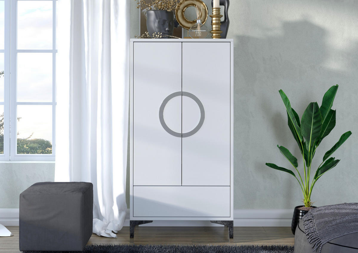 HIGHBOARD Eva, Weiß, Silberne Akzente, Hochglanz - Weiß Hochglanz/Silberfarben, Holzwerkstoff/Metall (60/120/38cm) - Kayani