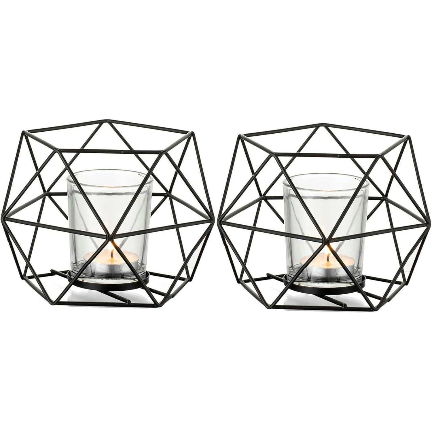 GEOMETRISCHE Teelichthalter aus Metall im 2er Set, schwarz - Schwarz, Metall (15cm)