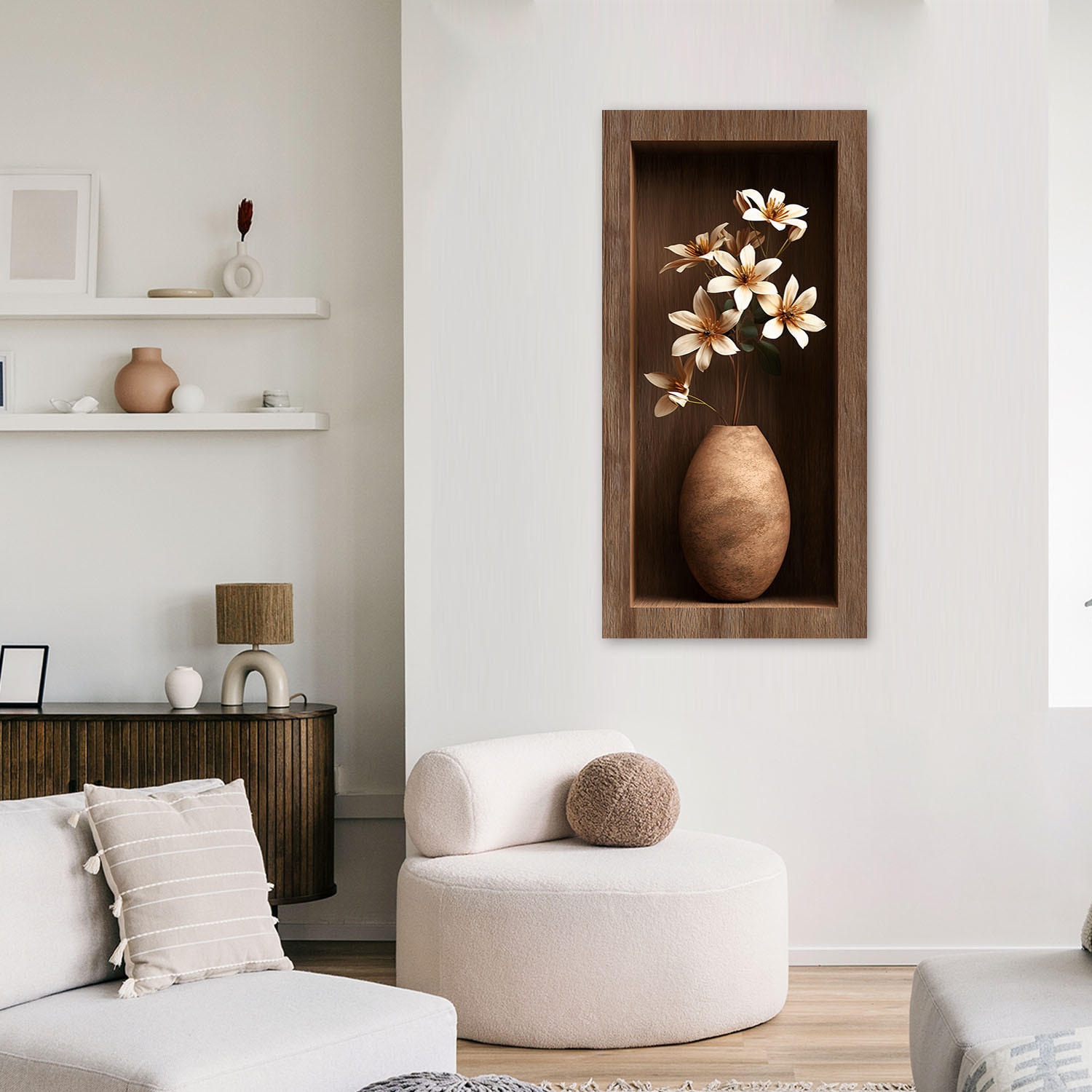LEINWANDBILD Blumen in einer braunen Holzvertiefung 3D 60x120cm - Braun, Textil (60/120cm) - Feeby