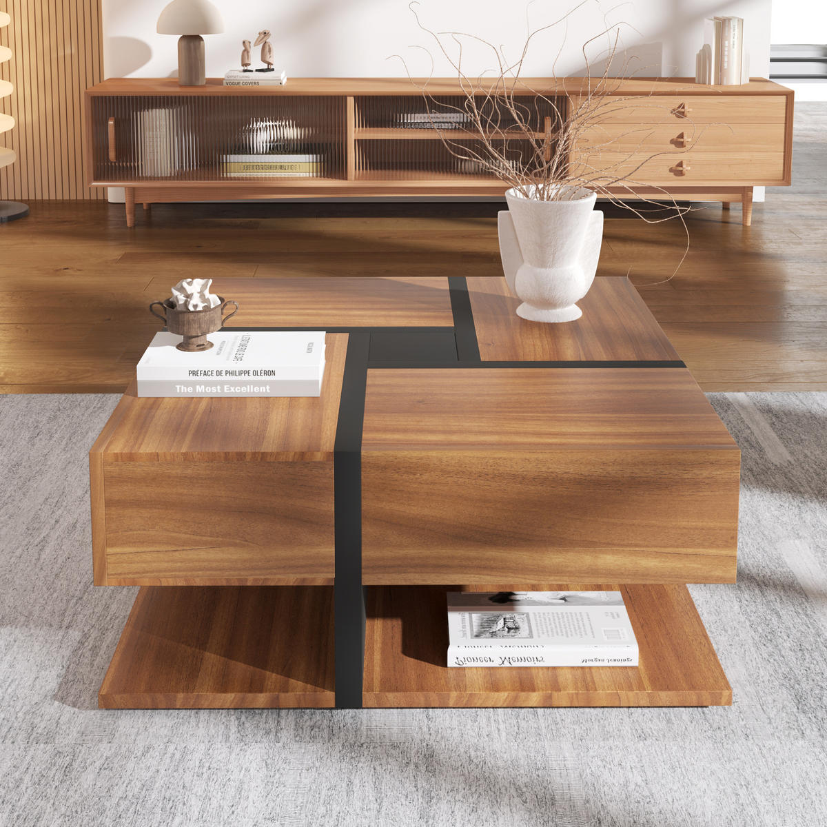 COUCHTISCH aus Spanplatte 78x78x36 cm Schwarz und Holz mit 4 Schubladen und Ablage - Naturfarben, Holzwerkstoff (78/78/36cm) - IVMEU