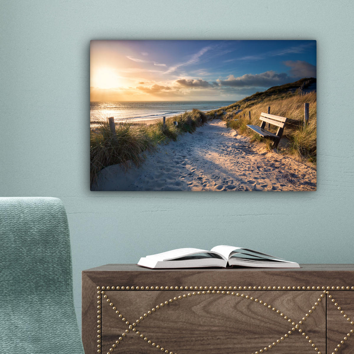 LEINWANDBILD - Sonnenuntergang - Strand - Düne - Gras - Ufer - 30x20 - Deko XXL - Sandfarben, Textil (30/20cm) - MuchoWow