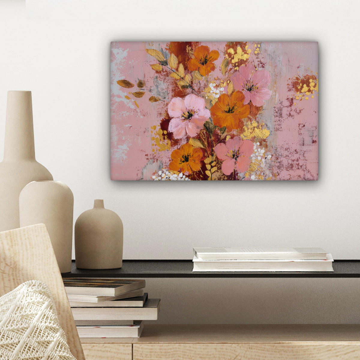 LEINWANDBILD Malerei - Blumen - Rustikal - Rosa Deko Schlafzimmer 30x20 cm - Altrosa, Textil (30/20cm) - MuchoWow