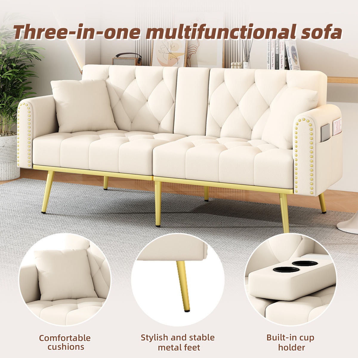 SCHLAFSOFA mit Liegefunktion, 3 Winkeln und Getränkehalter, Beige - Beige, Textil (175/73.5/80cm)