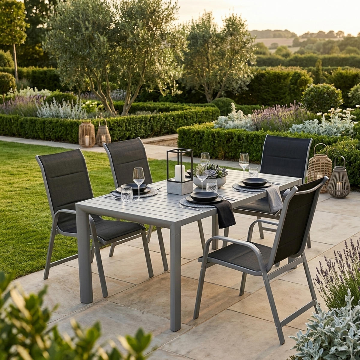 GARTEN-GARNITUR Ashford - 5-teilige Garten-Essgruppe (4x Stapelsessel Hochlehner Aluminium silbergrau + Textilgewebe gepolstert schwarz - Grau, Metall - TPFGarden