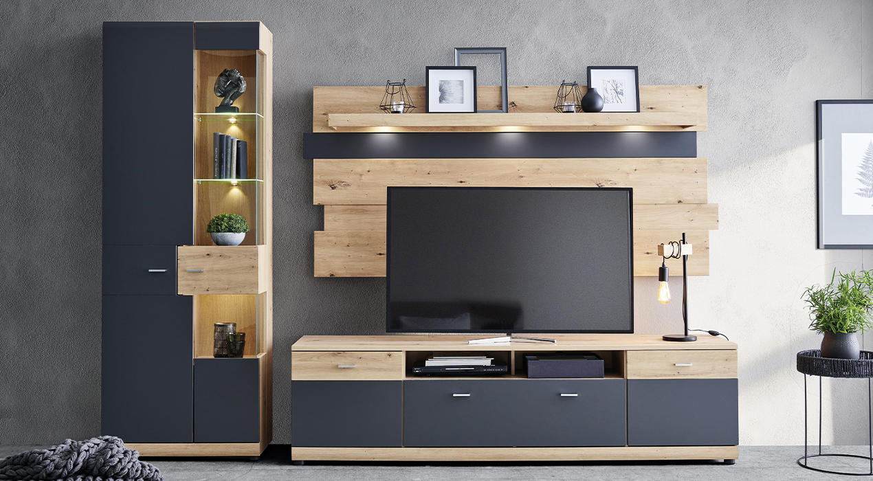 TV-Möbel Eichefarben und Graphitfarben mit Hochschrank